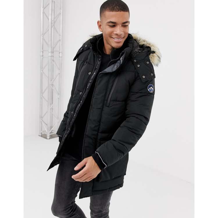 Superdry Expedition hooded synthetic down parka jacket with faux faur trim in black