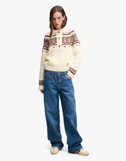 Superdry Fairisle 1/2 button hoodie in ecru multi, 4 of 6