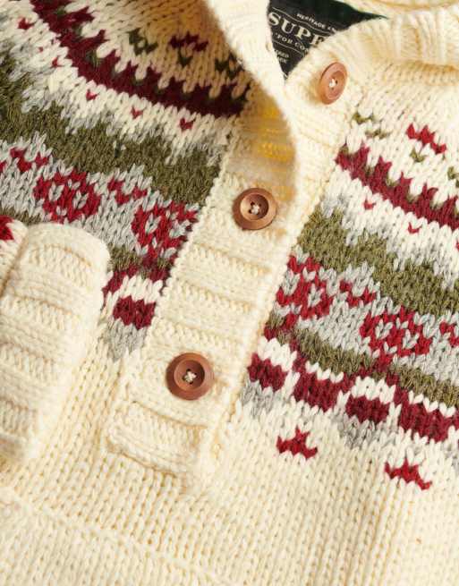 Superdry Fairisle 1/2 button hoodie in ecru multi, 5 of 6