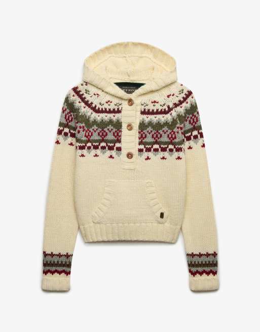 Superdry Fairisle Kapuzenpullover mit halber Knopfleiste in Ecru-Multicolor, 6 von 6