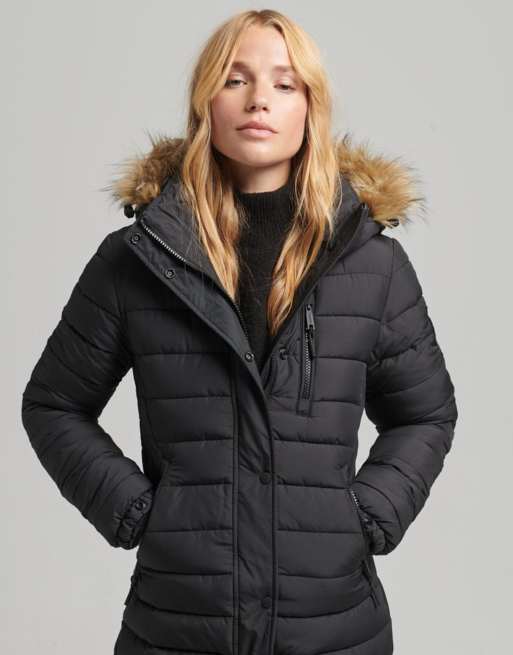 Superdry Faux fur hooded longline light padded puffer coat in black, 4 of 6