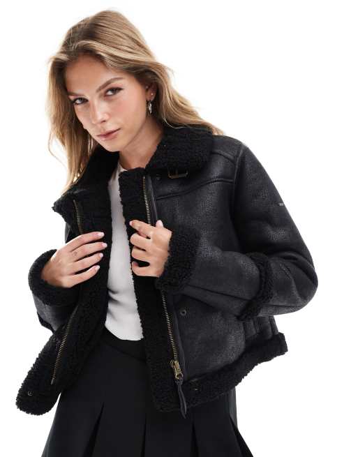 Superdry Faux shearling crop jacket in black