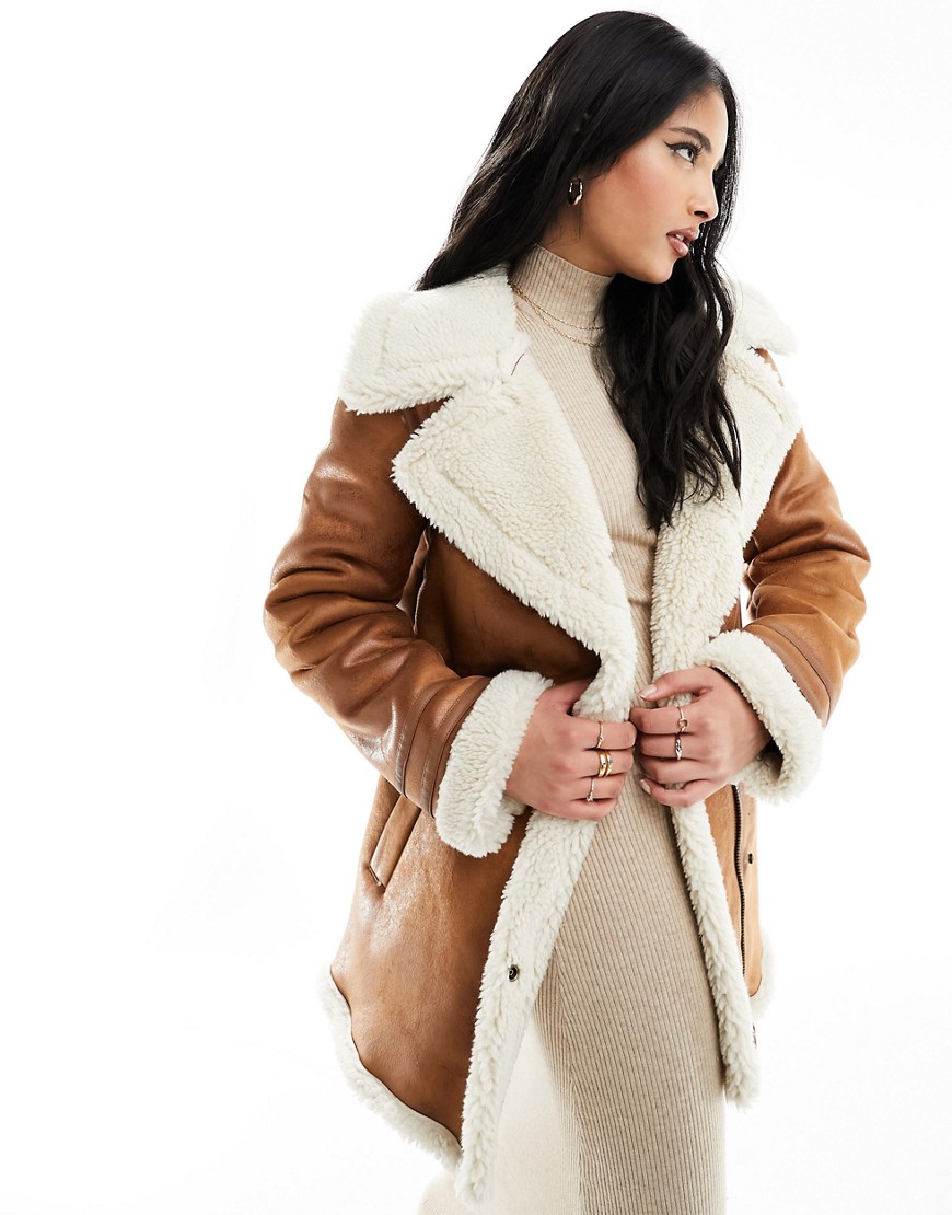 Superdry faux shearling mid jacket in tan-Brown
