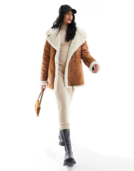 Women's Faux Shearling Mid Jacket in Tan