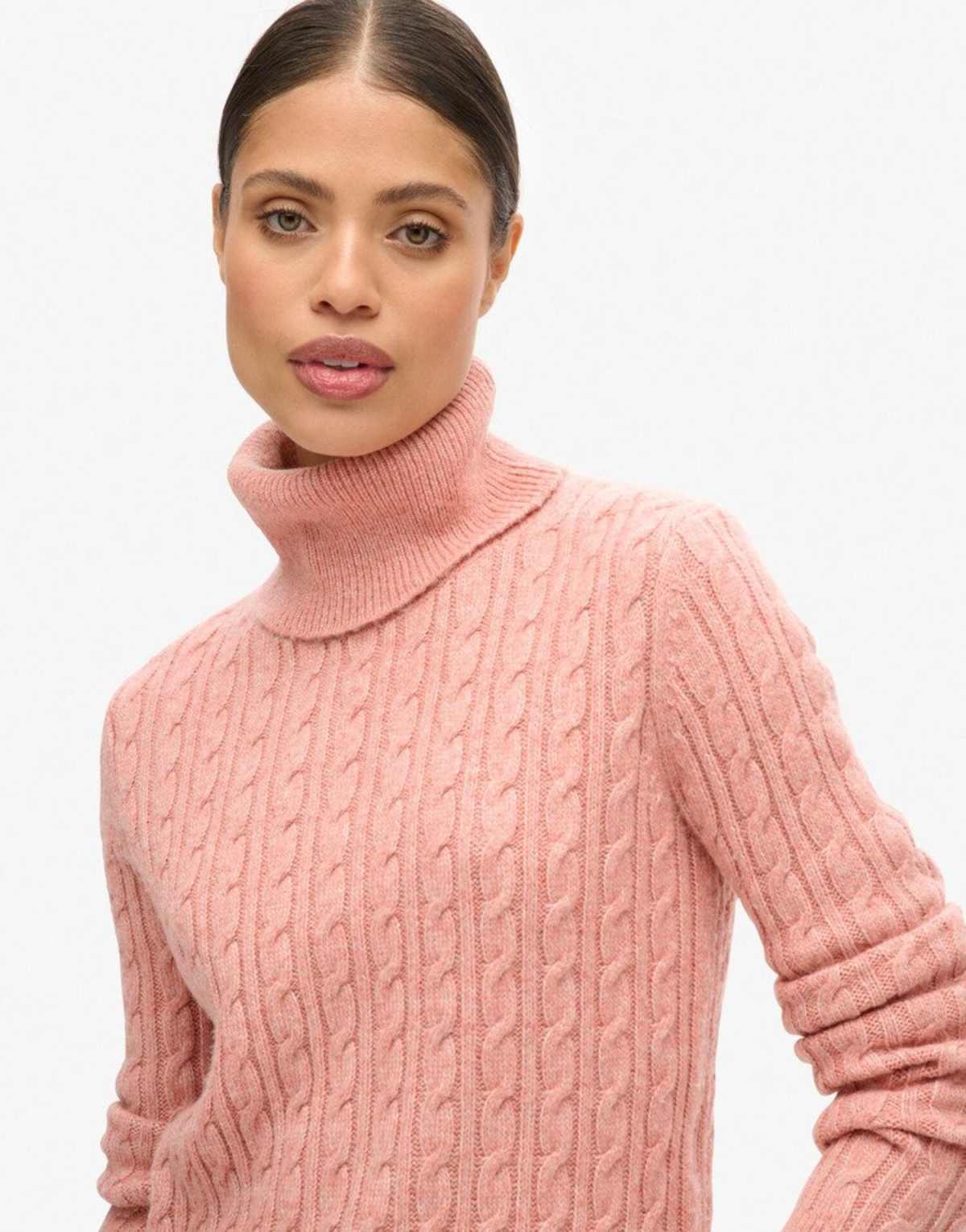 Superdry Fitted cable roll neck jumper in dusty rose