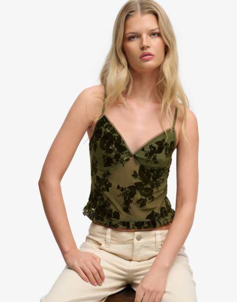 Superdry Flocked mesh cami top in fir green - view 1