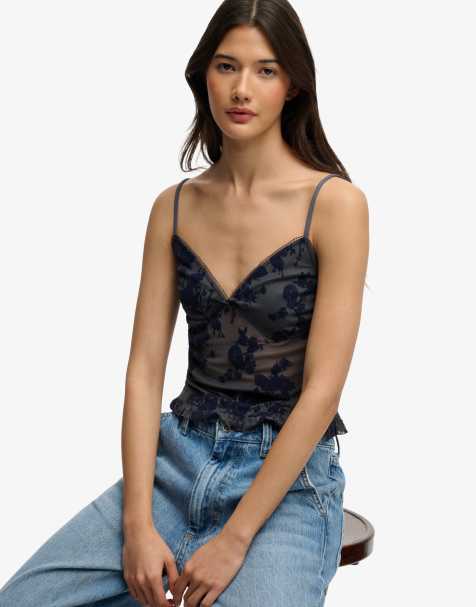 Superdry Flocked mesh cami top in midnight blue