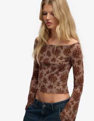 Superdry Flocked mesh long sleeve top in sparrow brown
