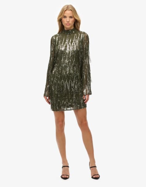 Superdry Fringe sequin mini dress in dusty olive green