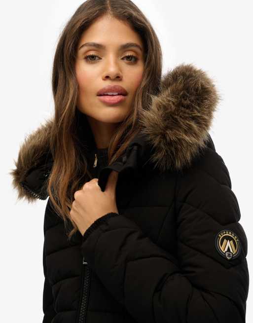 Superdry Fuji faux fur hooded mid length coat in black, 4 of 7