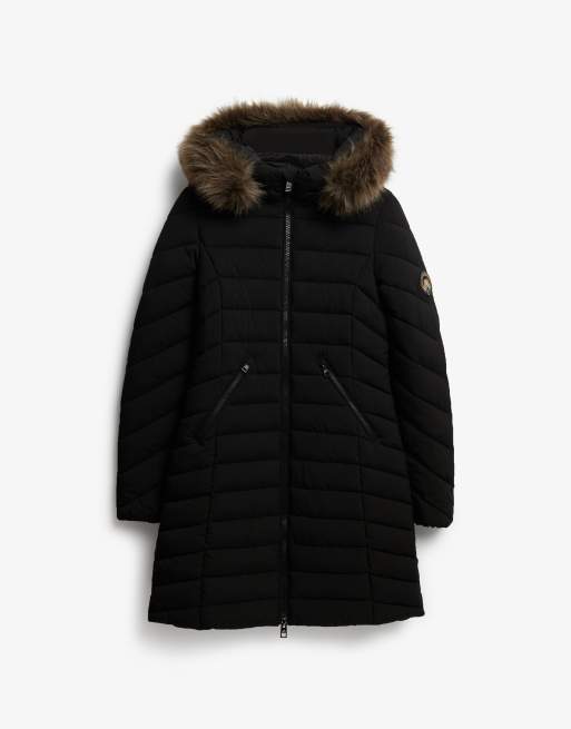 Superdry Fuji faux fur hooded mid length coat in black, 7 of 7