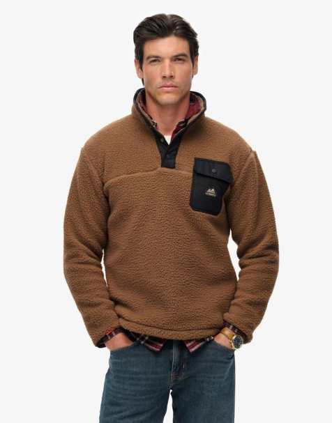 Superdry Fuji fleece half popper jumper in pecan brown - view 1