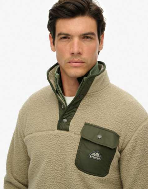 Superdry Fuji fleece half popper jumper in winter twig beige - view 1