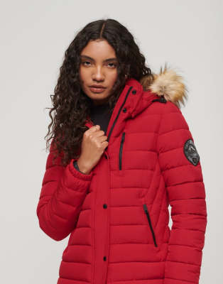 Superdry Fuji hooded longline puffer coat in varsity red ASOS