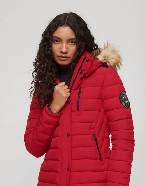Superdry Fuji hooded longline puffer coat in varsity red