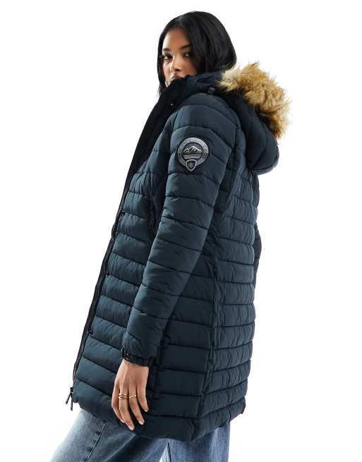 Superdry Fuji hooded mid length chrome in nordic coat puffer ASOS | navy