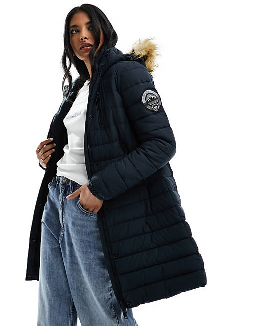 Superdry Fuji hooded mid length puffer coat in nordic chrome navy | ASOS