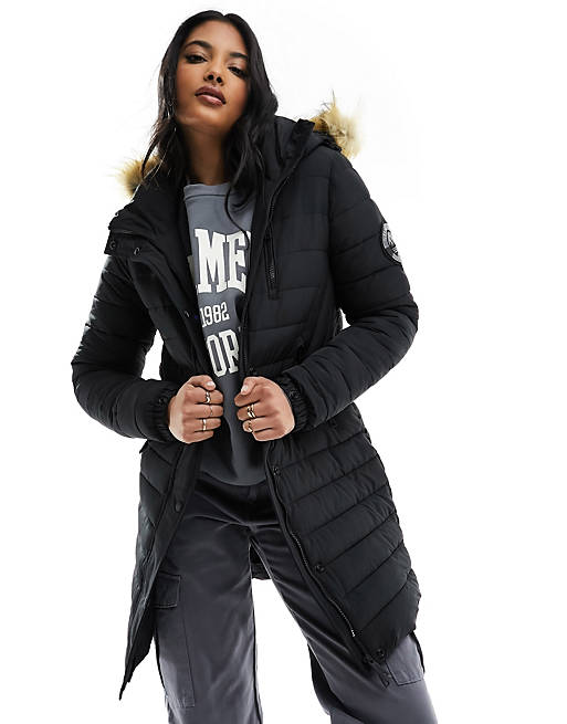 Superdry fuji hooded mid length puffer jacket in Black | ASOS