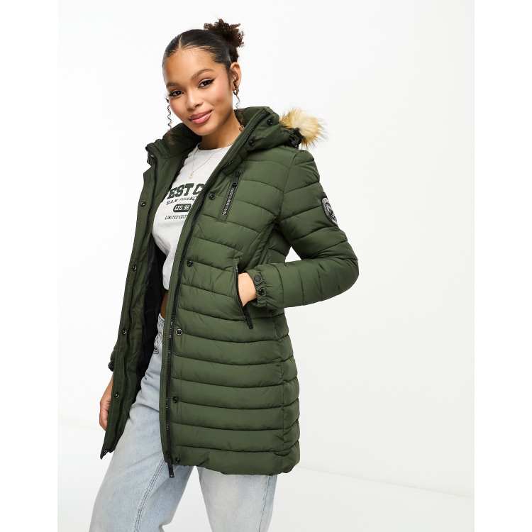 jacket length ASOS dark green in mid Superdry moss puffer hooded | fuji