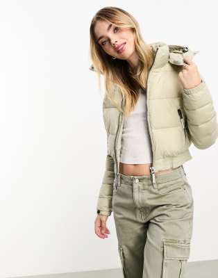 Superdry - Fuji - Kurze Jacke in Pelikan-Beige mit Kapuze-Neutral