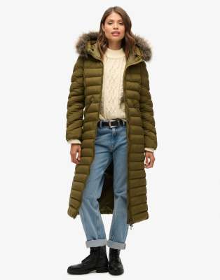 Superdry - Fuji - Longline-Jacke in meliertem Grau und Jaffa mit Kunstpelzbesatz-Grün