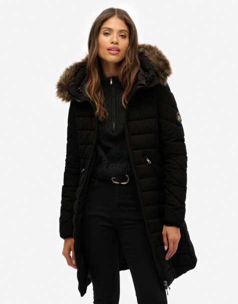 Superdry Fuji Mantel in mittlerer Länge mit Kapuze und faux-fur in Schwarz - view 1