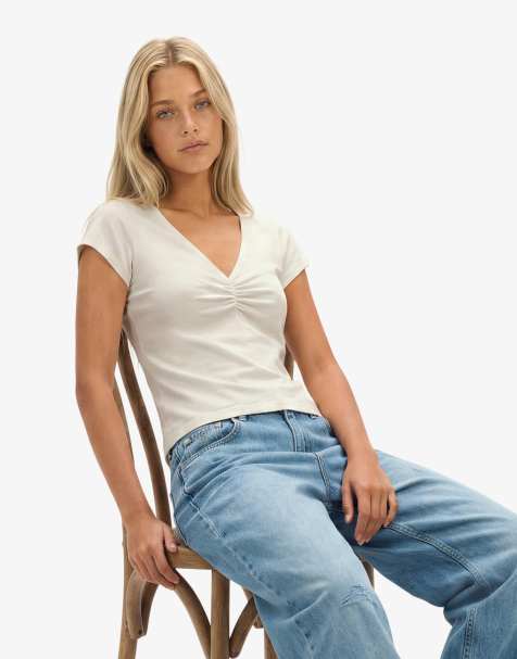 Superdry Gathered v-neck crop t-shirt in off white - view 1
