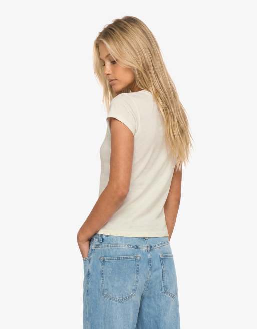 Superdry Gathered v-neck crop t-shirt in off white, 2 of 6