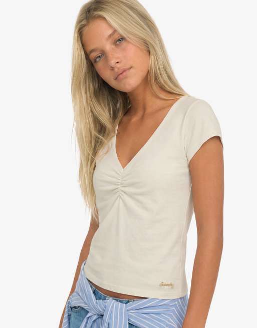 Superdry Gathered v-neck crop t-shirt in off white, 3 of 6