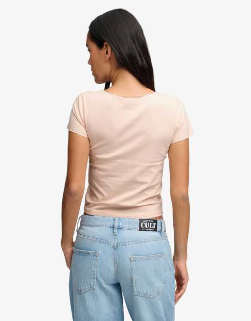 Superdry Gathered v-neck crop t-shirt in rose blush pink, 2 of 6