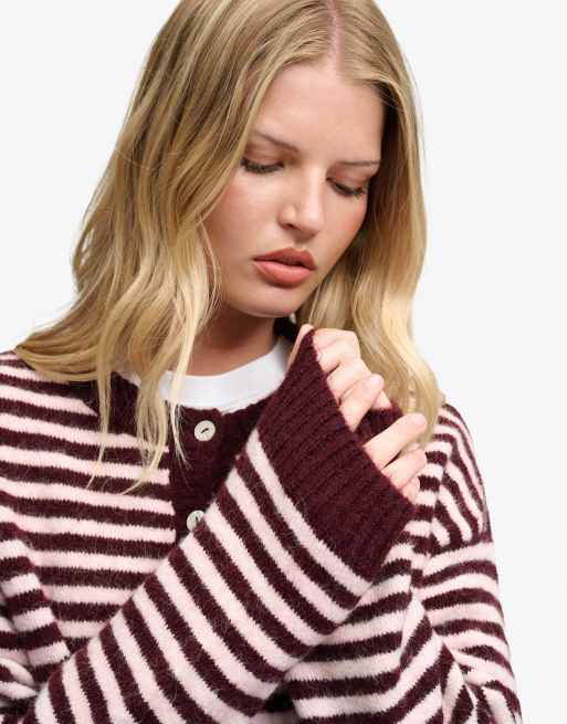 Superdry gestreifte Strickjacke aus gebürstetem Strick in Portrot/Hellrosa, 3 von 6