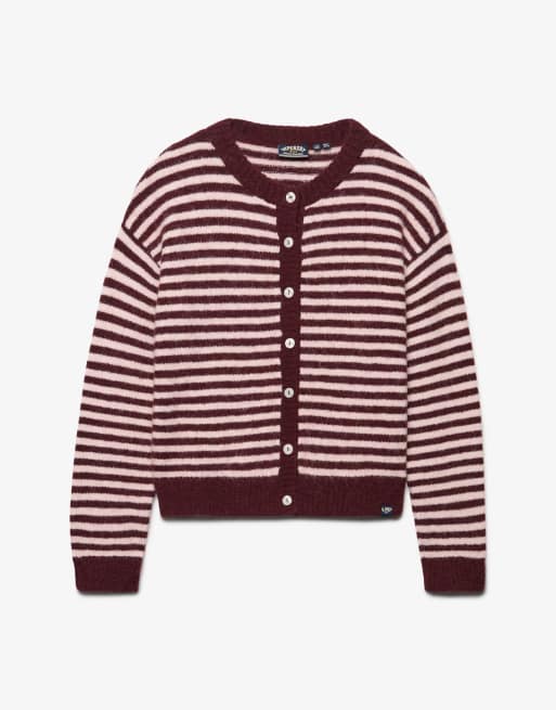 Superdry gestreifte Strickjacke aus gebürstetem Strick in Portrot/Hellrosa, 6 von 6