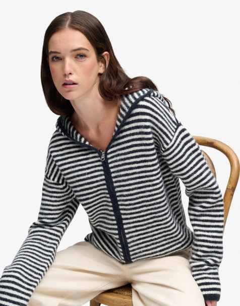 Superdry gilet zippé en tricot brossé à rayures bleu marine et blanc cassé - view 1