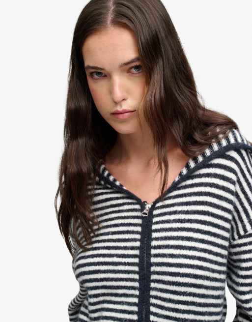 Superdry gilet zippé en tricot brossé à rayures bleu marine et blanc cassé, 3 de 6