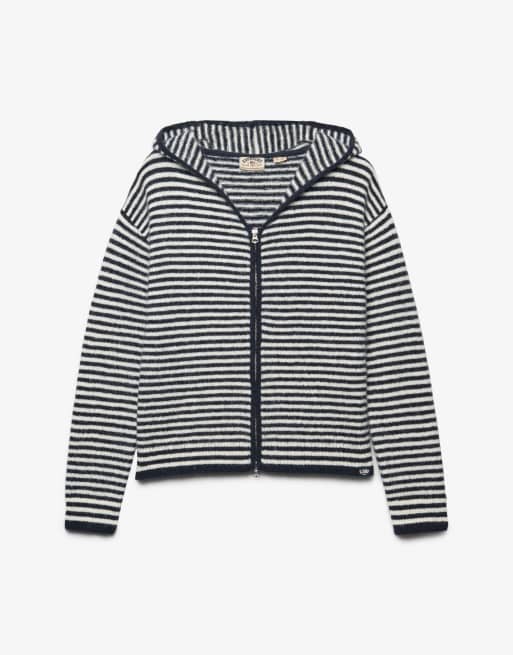 Superdry gilet zippé en tricot brossé à rayures bleu marine et blanc cassé, 6 de 6
