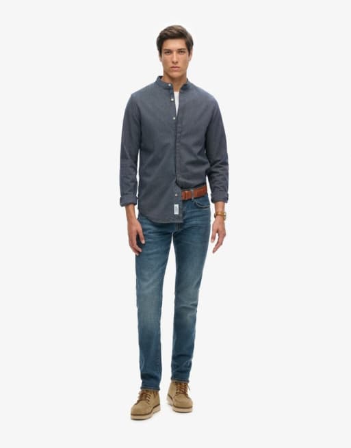 Superdry – Grandad-Hemd in Indigoblau gestreift