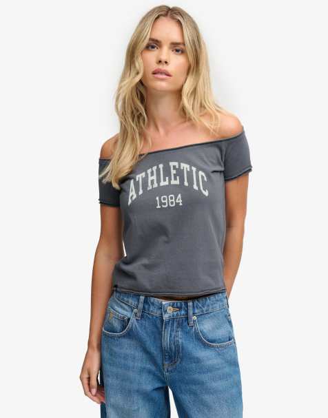 Superdry Graphic bardot short sleeve top in dark ink navy - view 1