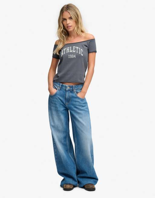 Superdry Graphic bardot short sleeve top in dark ink navy, 4 of 6