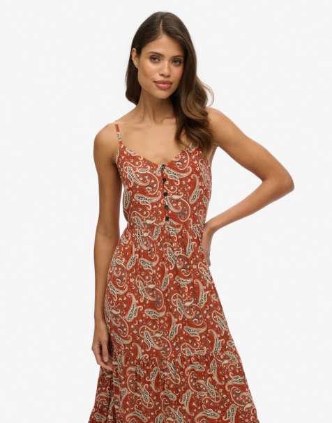Superdry Half button tiered midi dress in boho paisley brown - view 1