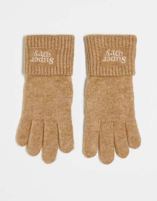 Superdry – Handschuhe aus Rippstrick in geröstetem Kokosnussbraun