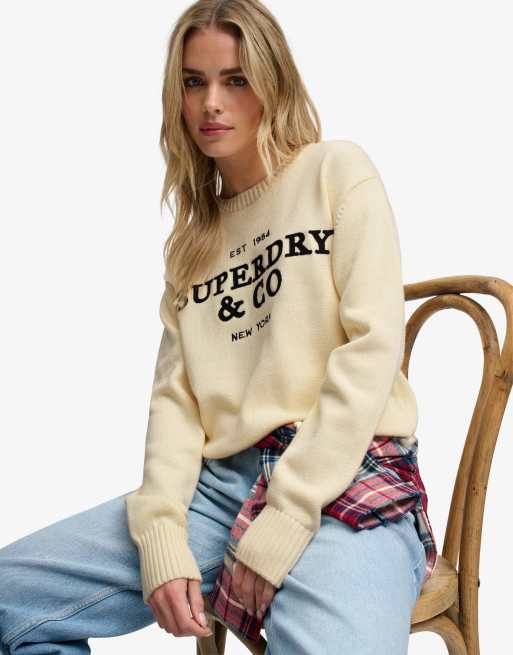 Superdry Heritage graphic jumper in ecru/navy, 1 of 6