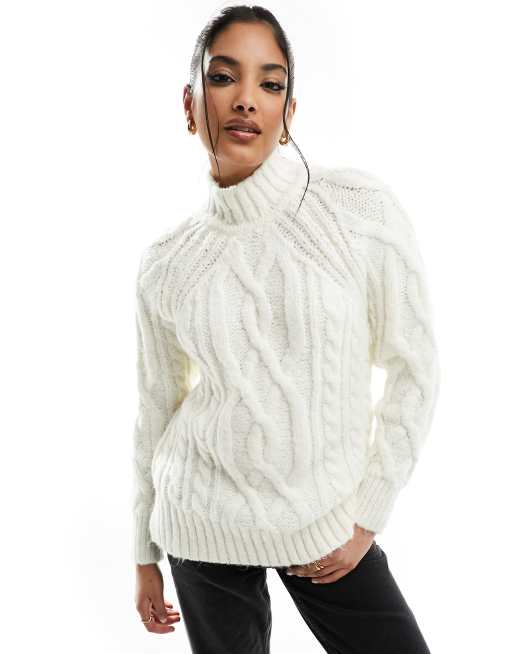 Women's High Neck Cable Knit Jumper in Off White