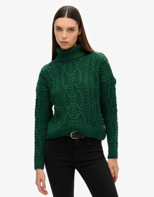 Superdry – Hochgeschlossener Vintage-Strickpullover in Piniengrün mit Zopfmuster
