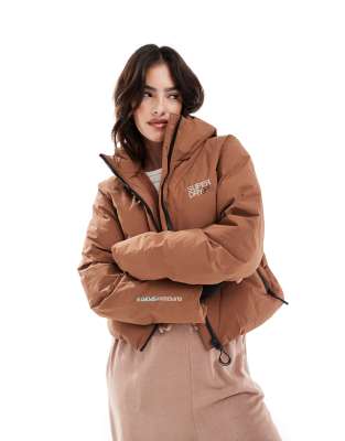 Superdry Hooded Boxy Puffer Jacket In Brown