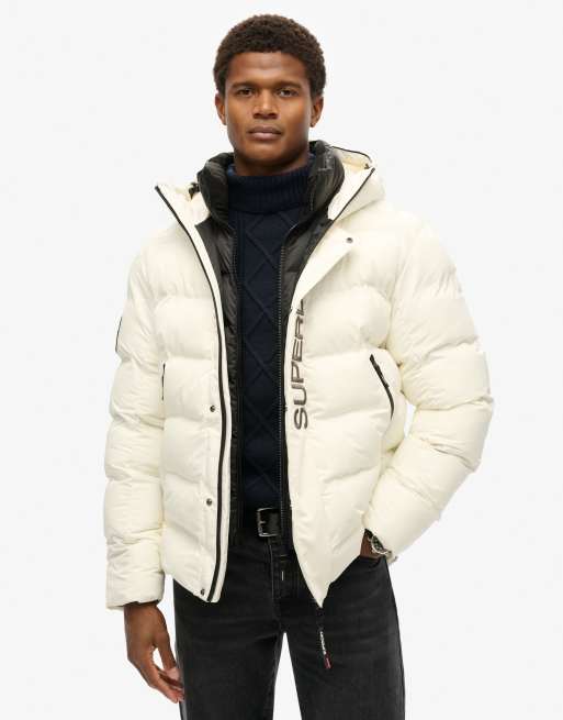 Superdry Hooded city graphic puffer jacket in off white