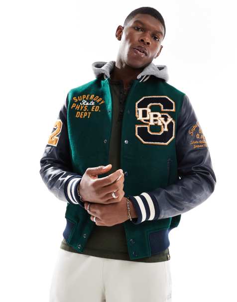 Superdry Hooded college patched bomber jacket in dark pine green - view 1