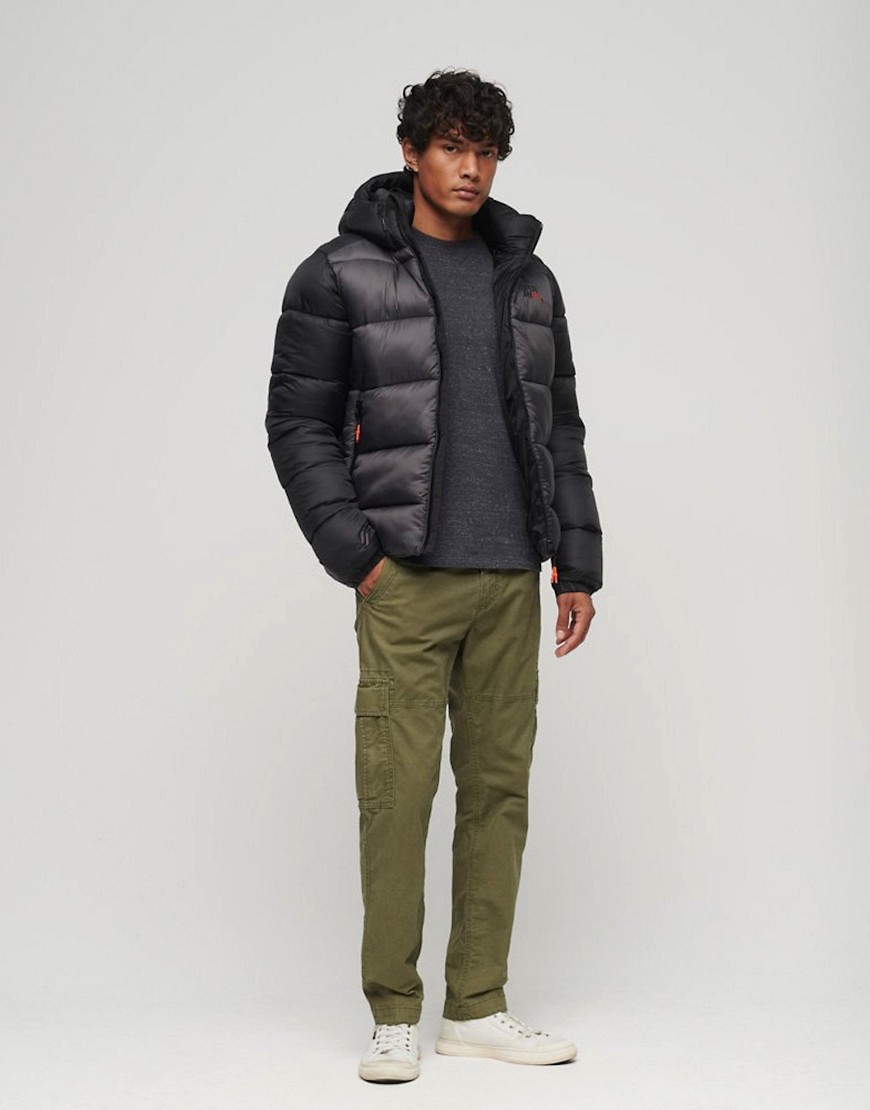 Superdry Hooded colour block sports puffer jacket in black