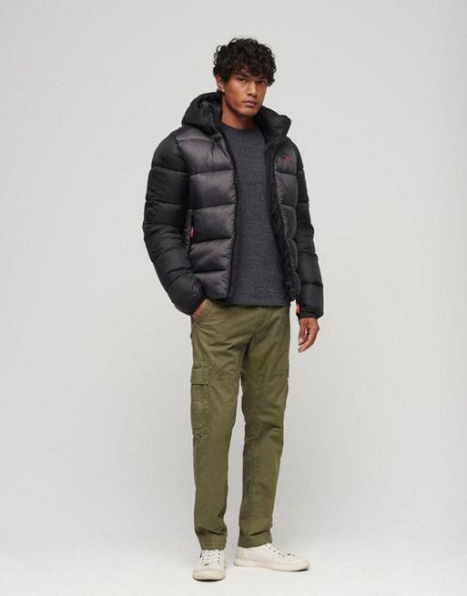 Superdry Hooded colour block sports puffer jacket in black | ASOS