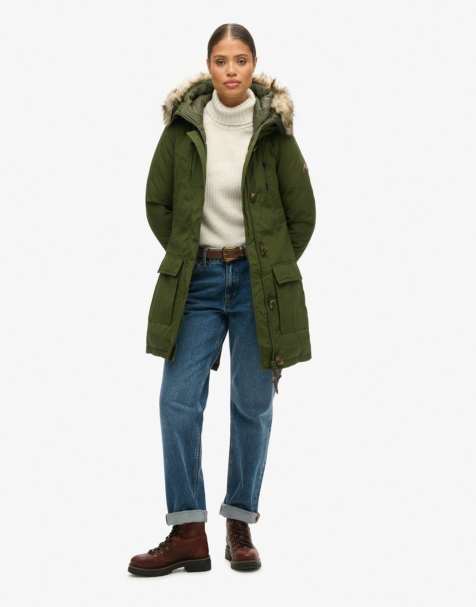 Superdry Hooded faux fur down parka coat in rifle green - view 1