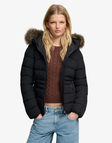 Superdry Hooded faux fur fuji padded jacket in black - view 1